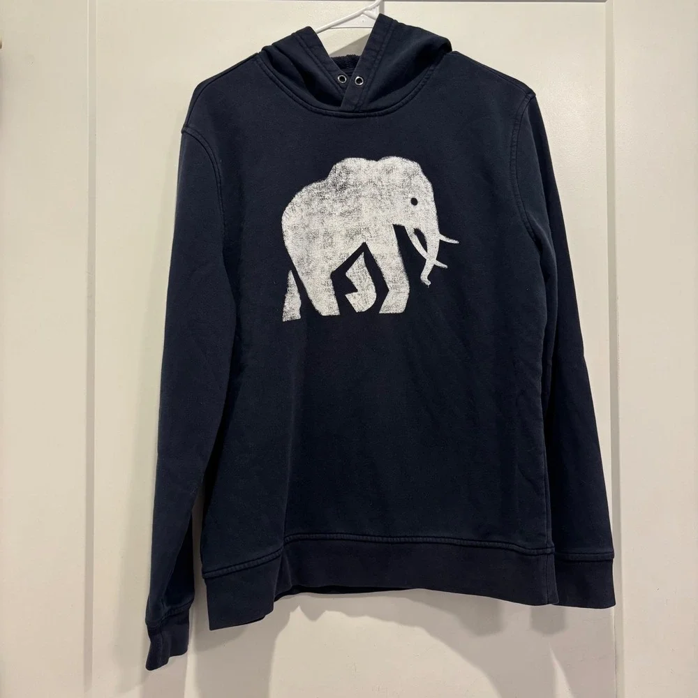 Banana Republic Mens Elephant Graphic Hoodie Navy Blue Fleece Pullover Size M